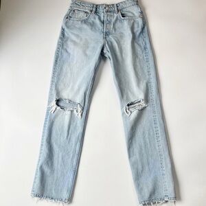 Zara 100% Cotton Straight Leg Jeans Light Wash Raw Hem Size 6